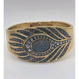 Victoria Wieck Peacock Feather Hinged Bangle Watch Gold Tone Crystal Accent